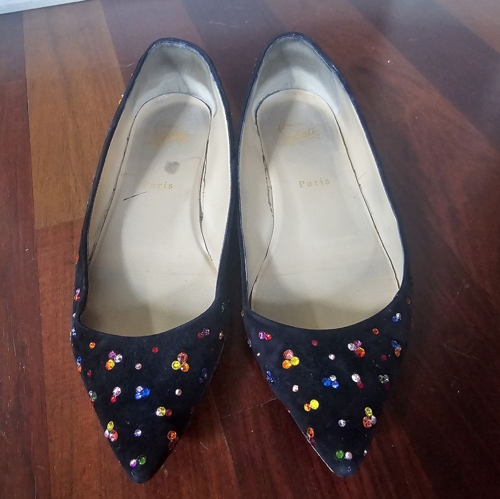 Christian Louboutin Black Suede Flats Rainbow Crystals Size 39